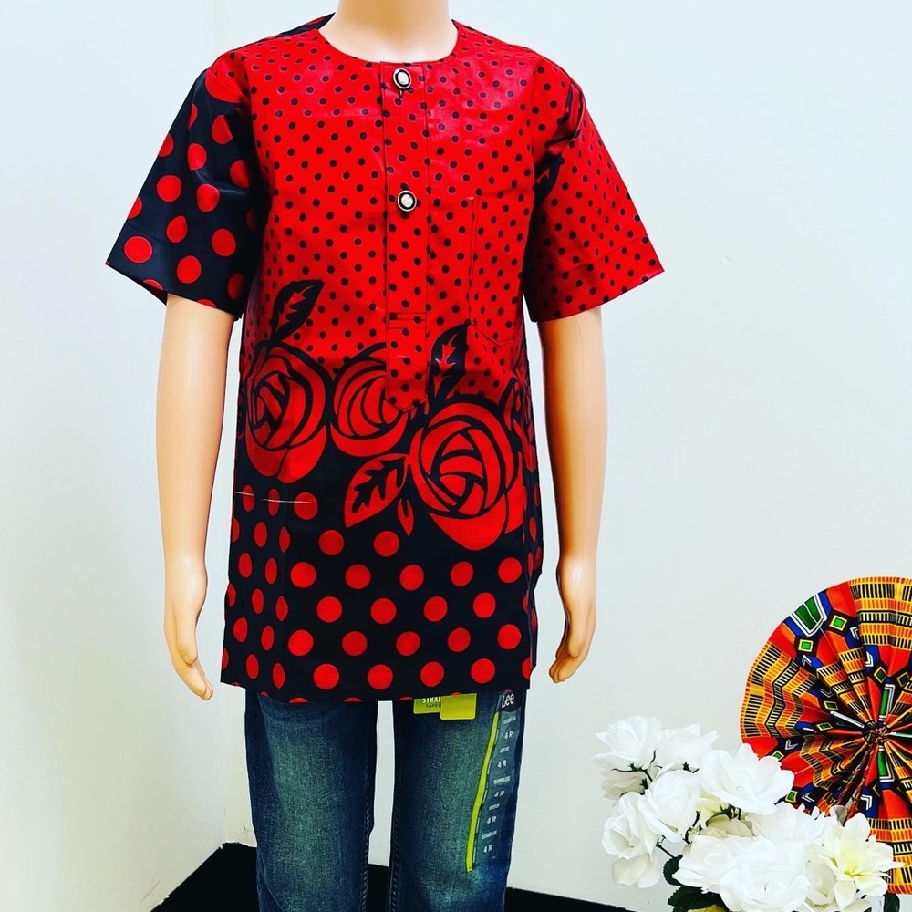 African print boys red and black short sleeve shirt 👕